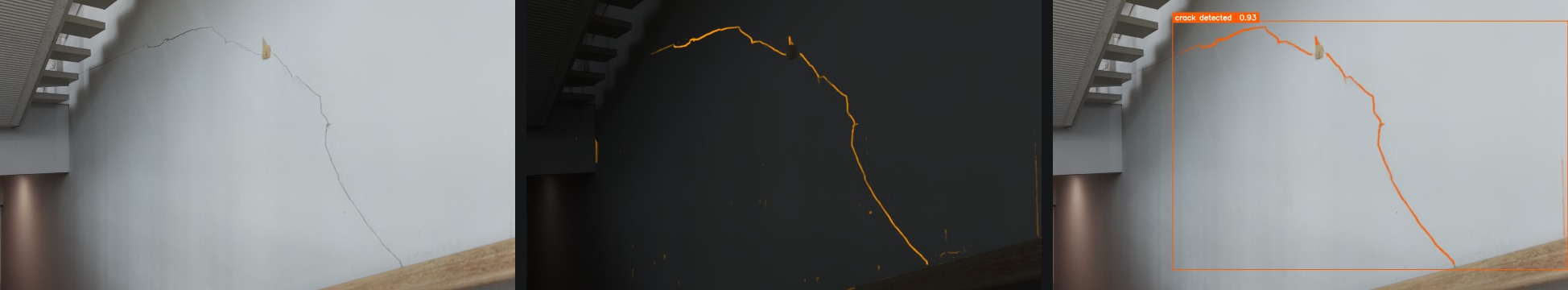 Three-step crack detection algorithm: 1 original captured image, 2 linear feature extraction with cracks highlighted in orange, 3 detection and visualization