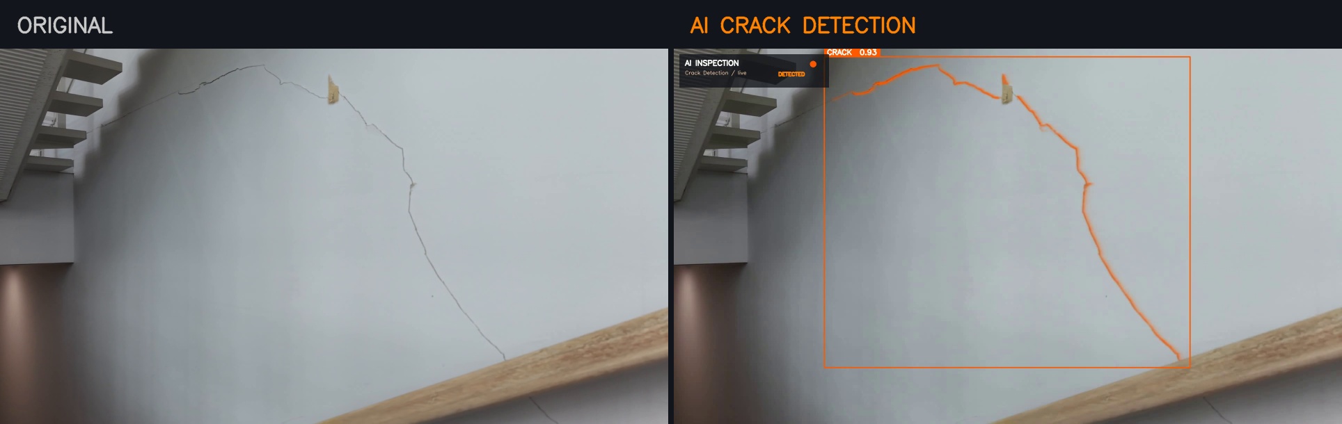 Comparison of original drone footage on the left and AI crack detection results on the right